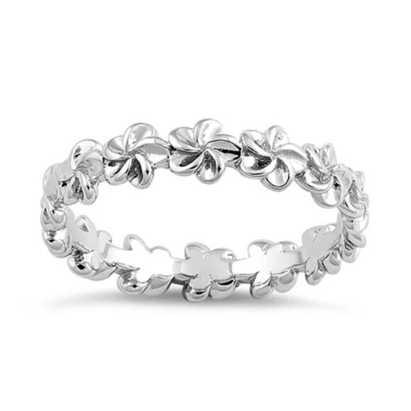 Solid Sterling Silver Plumeria Eternity Floral Band Ring New - Picture 2 of 4